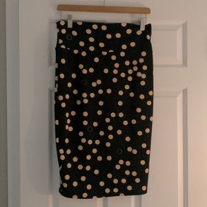 Navy LuLaRoe pencil skirt with gold polka dots
